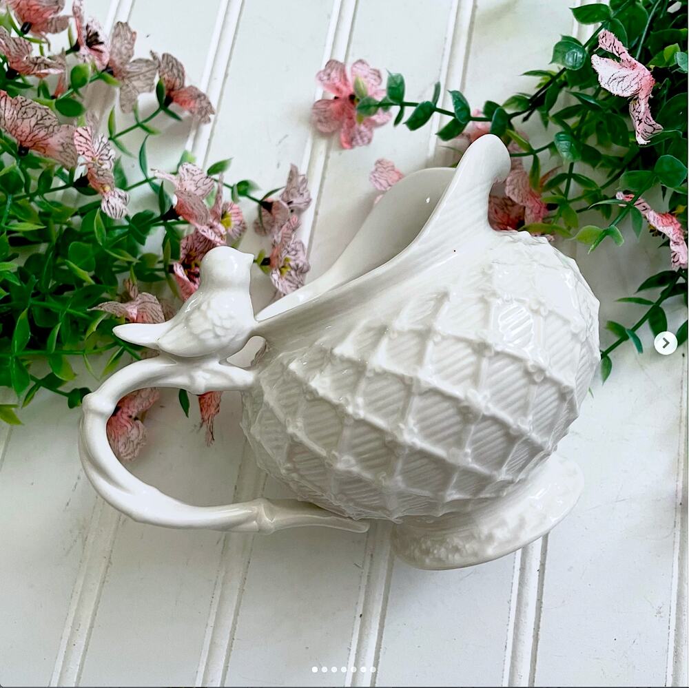 Grace’s Teaware Embossed White Creamer Lattice Design Victorian Bird Handle